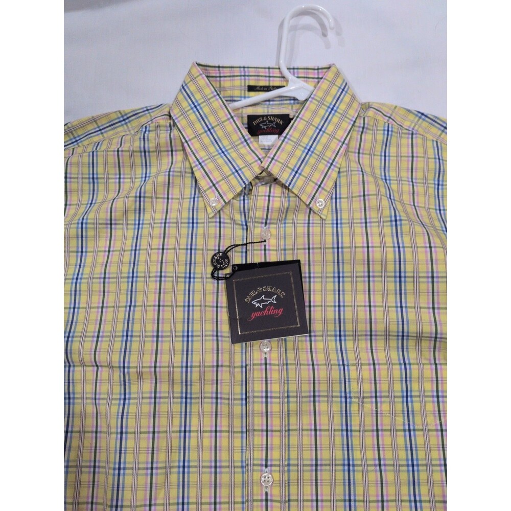 Paul & Shark Yellow Plaid Dress Shirt with Blue and Pink Stripes
